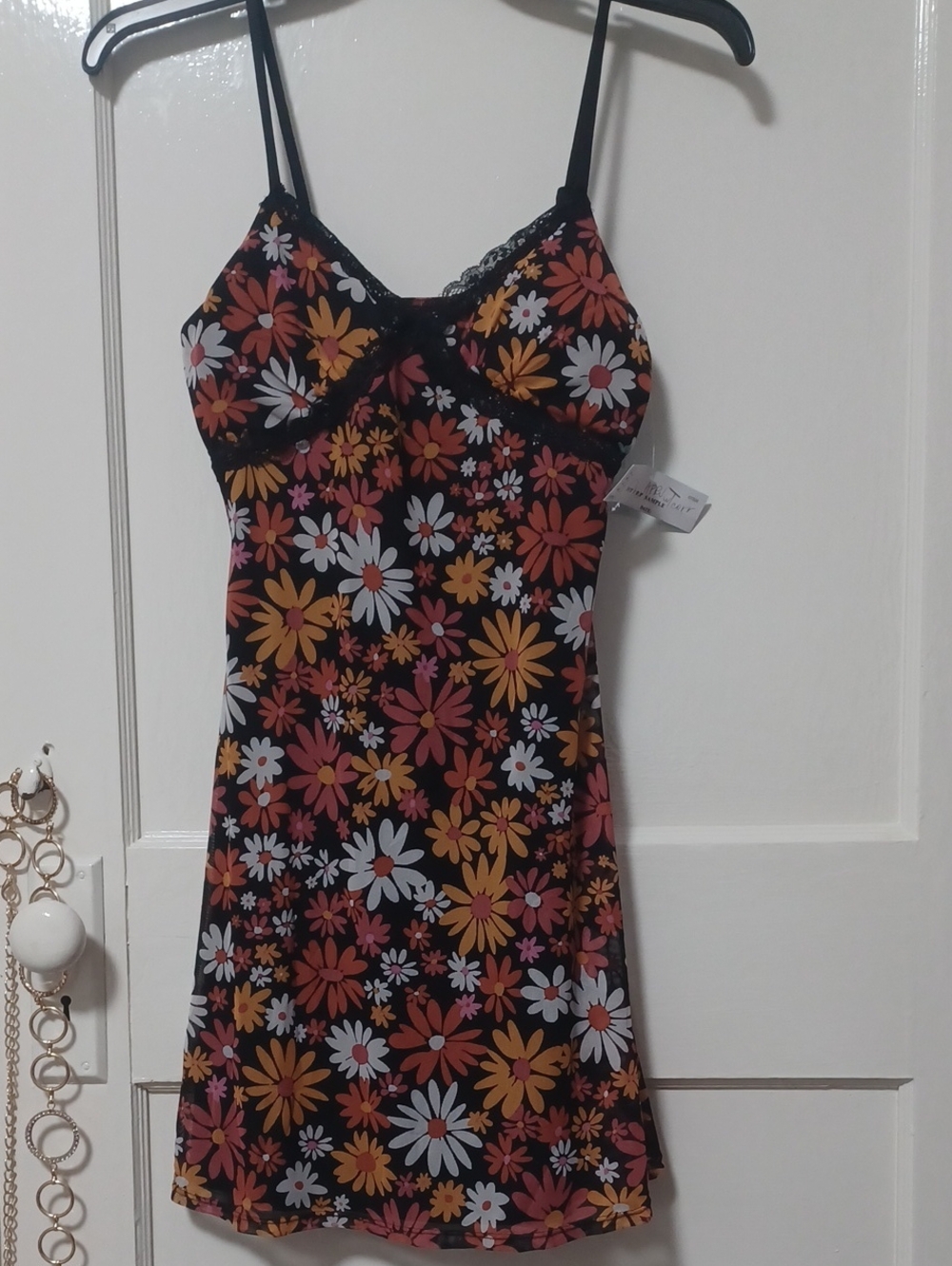 Floral Lace Trim Chemise Summerdress - Black with Orange, Yellow & White Flowers
